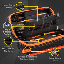 Load image into Gallery viewer, Casemaster Plazma Pro Dart Case Black with Orange Zipper and Phone Pocket - Top Table Sports